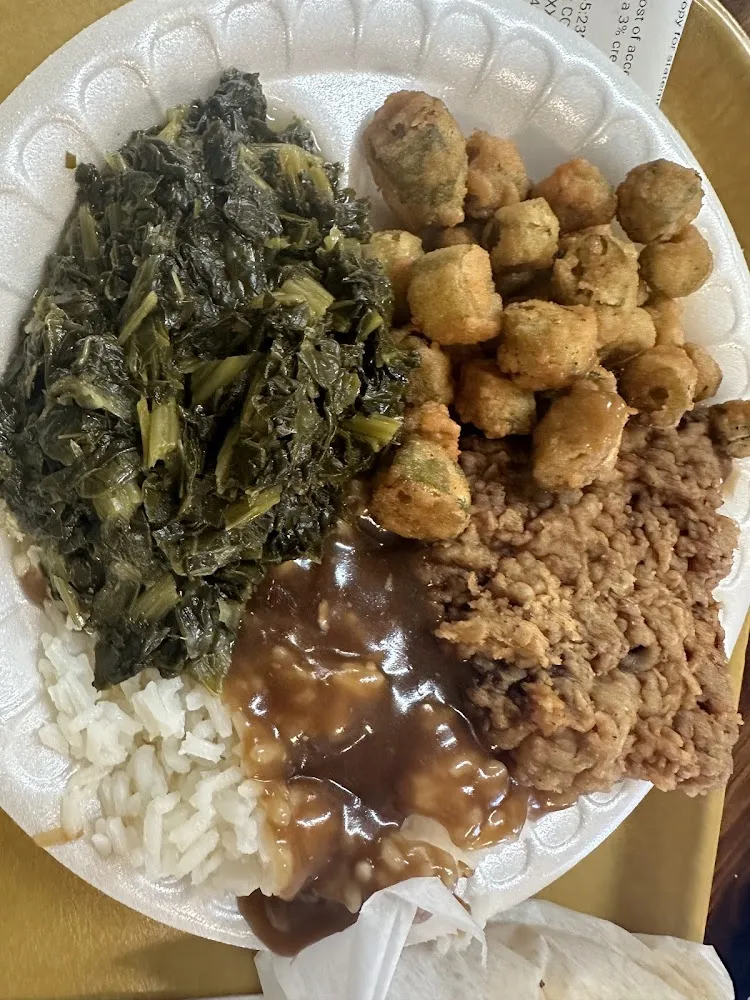 Fried Okra Cubed Steak Turnip Greens Rice and Gravy